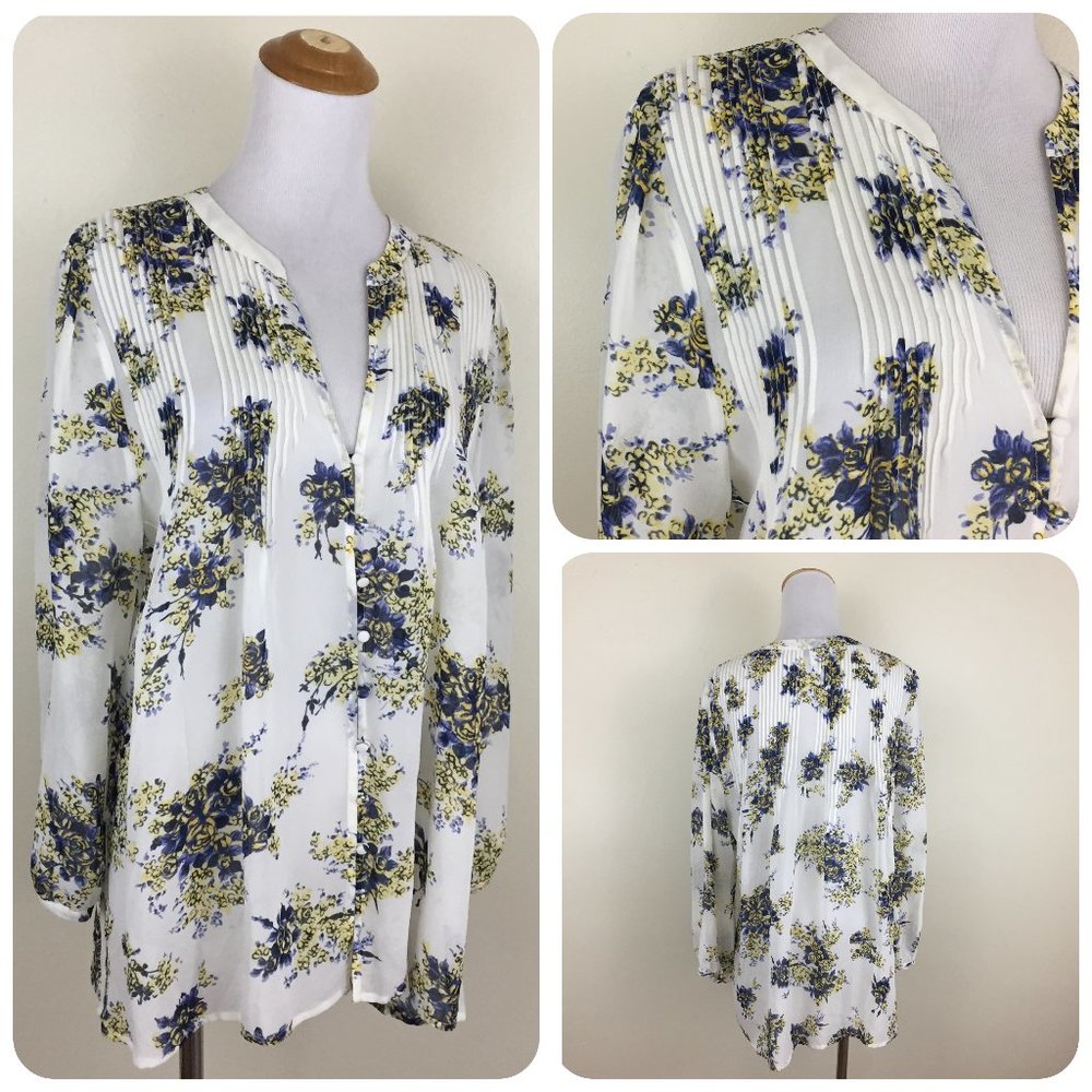 JOIE Long Sleeve White Yellow Blue Floral Print Pleats Sheer Button Shirt